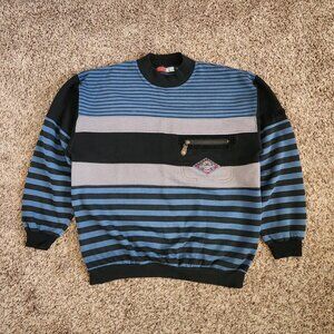 Vintage Striped Pullover Crewneck Sweatshirt Blue Black Large Grandpa Sweater